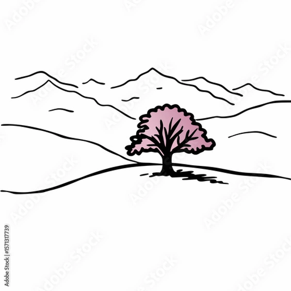 Fototapeta Minimalist landscape with pink tree in the foreground and mountains in the background