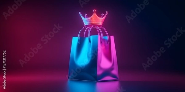 Fototapeta Elegant Shopping Bag with Crown on Top in Neon Background