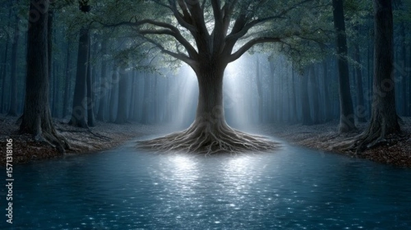 Fototapeta Enchanted sunrise over ancient magical tree with glowing roots by serene lake in misty forest captivating nature scene