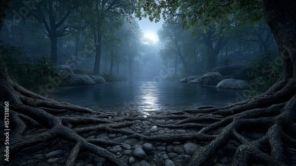Fototapeta Illuminating crosslight on giant glowing roots by a misty river nature scene enchanted forest dynamic sunrise ethereal atmosphere