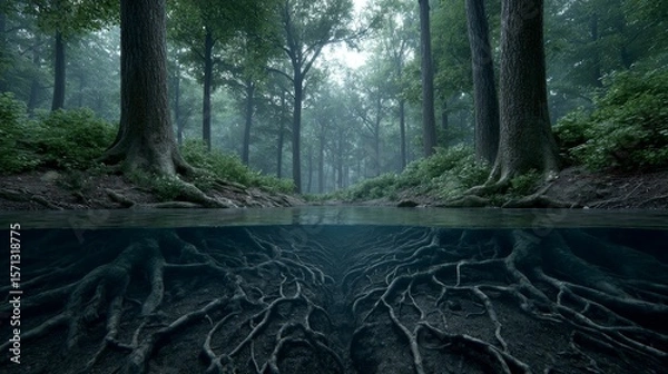 Fototapeta Giant glowing trees with bioluminescent roots by a serene lake at sunrise in a mystical forest setting