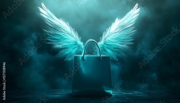 Fototapeta Ethereal Shopping Bag with Glowing Wings in Mystical Atmosphere
