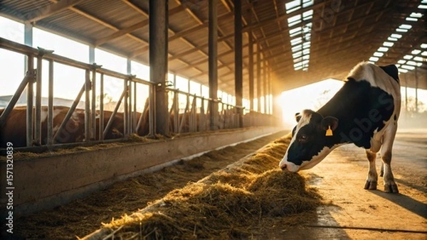 Fototapeta A striking image of a black and white dairy cow feeding from a trough filled with hay, bathed in the warm, golden light streaming into a modern barn at sunrise or sunset
