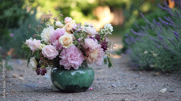 Fototapeta Elegant English garden bouquets in vintage vases, adorned with peonies, tulips and roses and other flowers, displayed in manor garden with dappled light and timeless floral grace