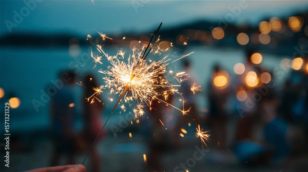 Fototapeta 夜のパーティーで人が持つ手持ち花火、背景には玉ボケが輝いている。generative ai