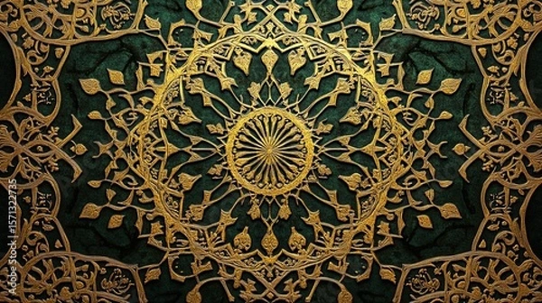 Fototapeta A golden Islamic pattern on a black background, with geometric patterns and ornamental designs