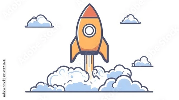 Fototapeta Cartoon Rocket Launching into Sky with Clouds and Smoke Elements