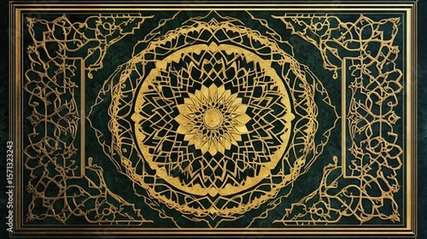 Fototapeta A golden Islamic pattern on a black background, with geometric patterns and ornamental designs