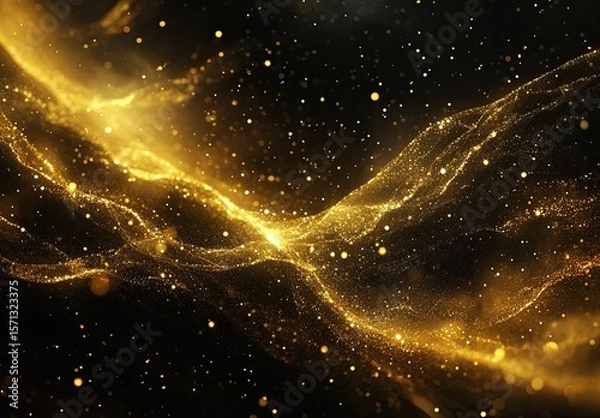 Fototapeta A golden, ribbon-like wave of light, with sparkling particles and flowing energy lines on a black background