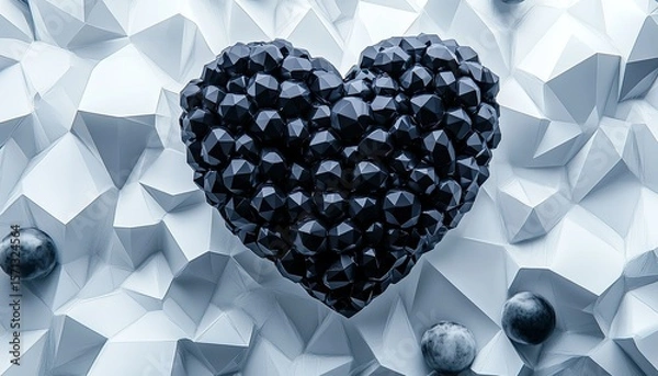 Fototapeta A heart made of black spheres on top of white and gray low-poly shapes, all set against a background 