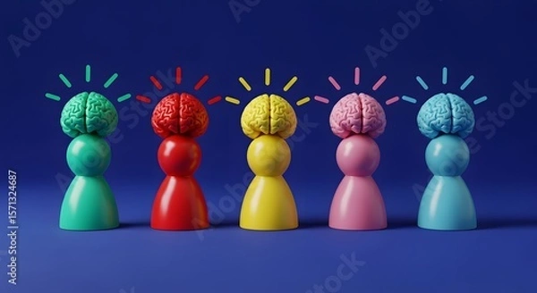 Fototapeta Five colorful figures with brain tops and light rays, symbolizing diverse creative thinking and innovation.