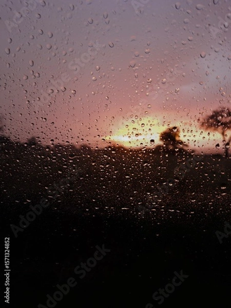 Fototapeta sunset behind raindrops