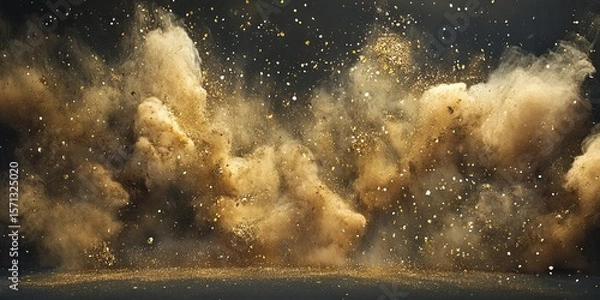 Fototapeta A large amount of golden dust falling to the ground, with gold particles floating in the air, creating an atmosphere full of glitter and splendor