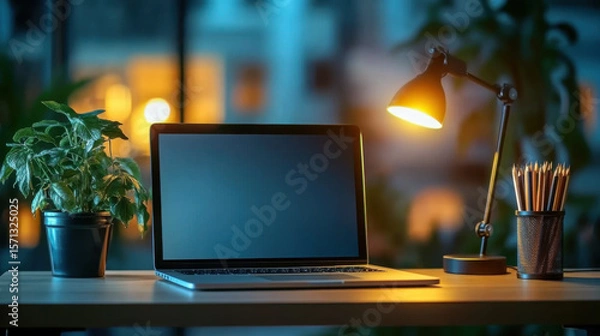 Fototapeta aptop computer sits on a desk with a lamp and a pencil holder in the background