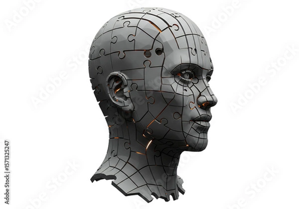 Fototapeta Abstract Fragmented Gray Head Profile With Glowing Orange Cracks On Transparent Background