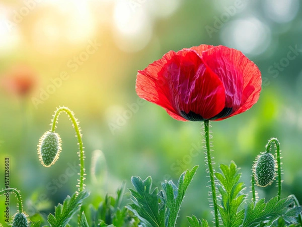 Fototapeta Beautiful field of red poppies in the sunset light