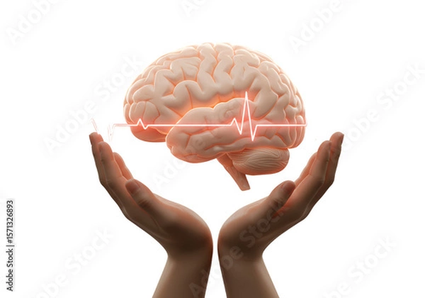 Fototapeta Hands Cradle Pink Brain With Red Heartbeat Line On Transparent Background Representing Brain Health and Vitality
