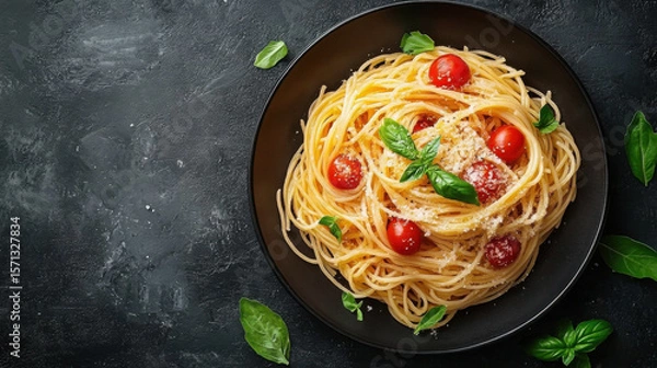 Fototapeta Spaghetti pasta with meatballs in tomato sauce with parsley in frying pan, dark table background, top view
