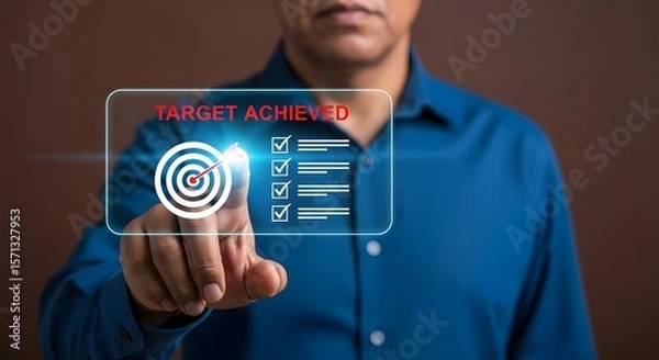 Fototapeta Man in blue shirt touching holographic "TARGET ACHIEVED" screen with target and checkmarks, symbolizing success.