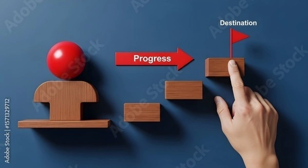 Fototapeta Red ball on wooden base with hand moving it up steps labeled "Progress" toward "Destination" flag, symbolizing goal achievement.