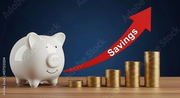 Fototapeta Piggy bank with growing stacks of coins and "Savings" arrow, symbolizing financial growth and saving success.