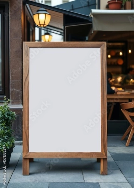 Fototapeta A blank wooden menu board its smooth surface awaiting a creative message stood proudly on the sidewalk cafe its presence inviting passersby to explore the culinary delights within  professional presen