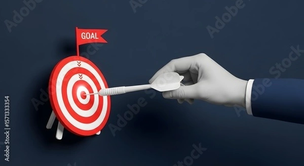 Fototapeta Hand throwing dart at target with "GOAL" flag, symbolizing aim and success achievement.