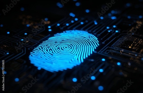 Fototapeta A digital blue glowing fingerprint on a black circuit board background, 