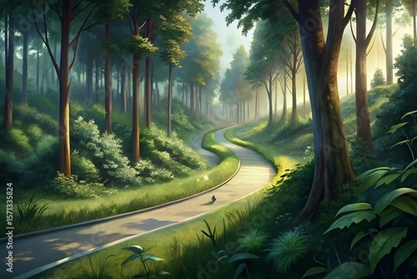 Fototapeta Serene winding road through a lush green forest with sunlight filtering through the trees