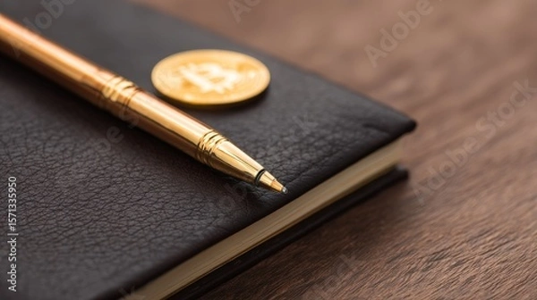 Fototapeta Luxury Gold Coins Symbolising Wealth and Prestige, A luxurious pen rests on a black notebook with a golden cryptocurrency coin, symbolizing finance and investment.