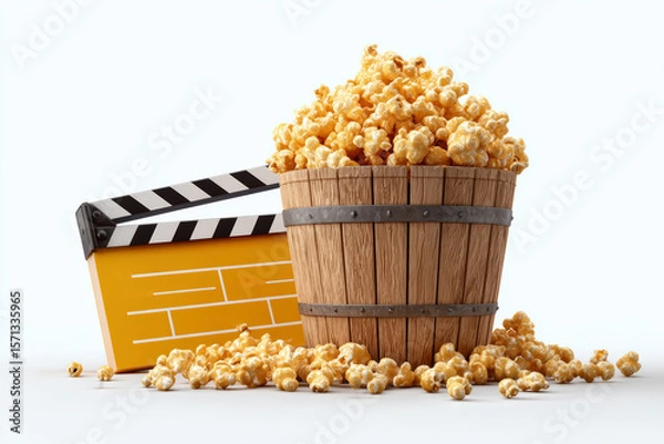 Fototapeta A wooden bucket of popcorn on the left side, and a movie clapperboard the yellow color of caramel corn.