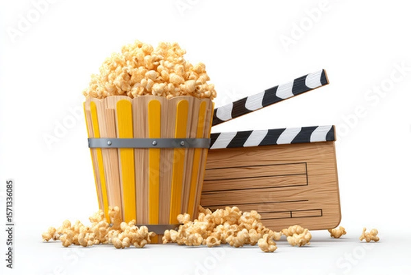 Fototapeta A wooden bucket of popcorn on the left side, and a movie clapperboard the yellow color of caramel corn.