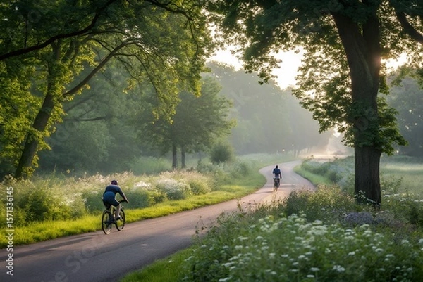 Fototapeta Two cyclists ride on a winding road through a misty forest during a beautiful golden sunrise with sun rays filtering through the trees