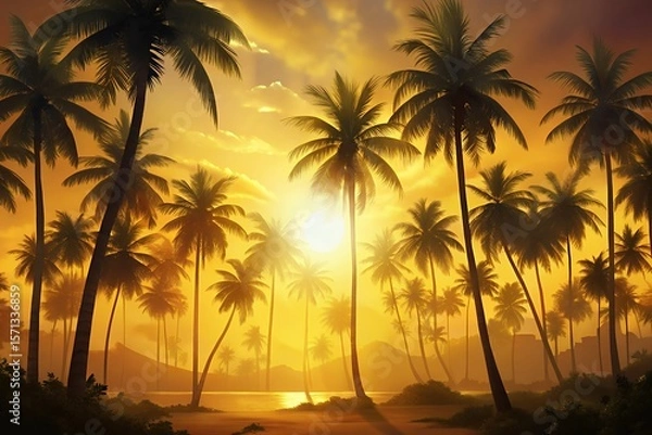 Fototapeta Serene tropical paradise with silhouetted palm trees lining a tranquil beach at golden hour sunset with hazy mountains in the background