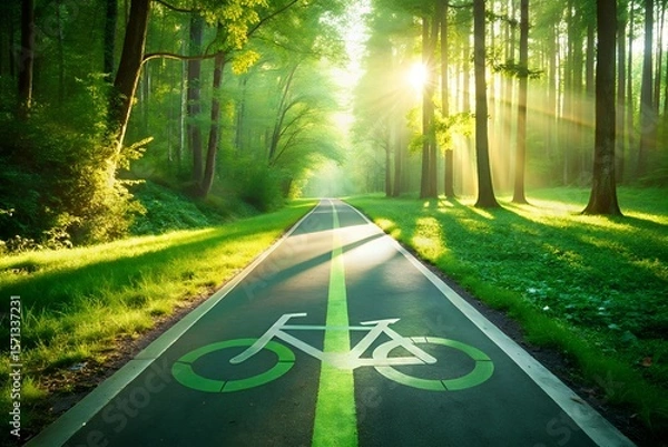 Fototapeta Sunlight streams through lush green forest trees onto a paved path with a prominent bicycle symbol and painted lane markings