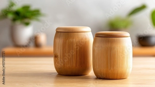 Fototapeta Wooden jars with a bamboo texture for tea or coffee on a table in a modern kitchen.