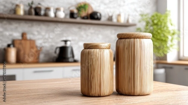 Fototapeta Wooden jars with a bamboo texture for tea or coffee on a table in a modern kitchen.