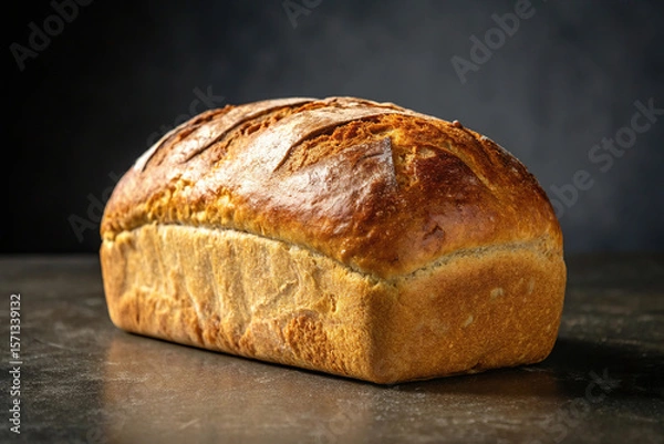 Obraz A loaf of golden brown bread sits on a dark surface