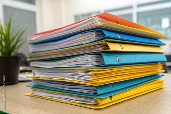Obraz Stack of colorful file folders filled with documents sits on a desk