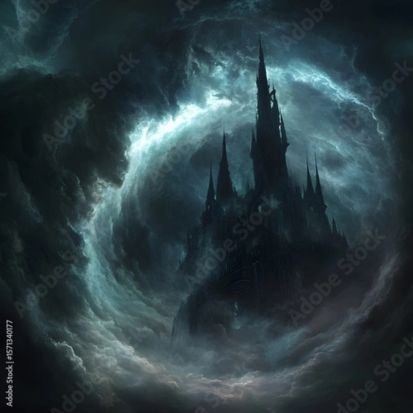 Fototapeta The Obsidian Fortress: A Dark Castle Nestled Deep in the Storm-Swept Mountains, dark storm clouds