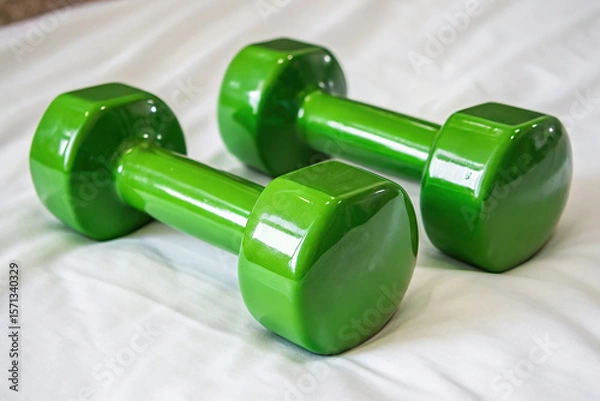 Obraz Two green dumbbells sit on a white sheet ready for a workout