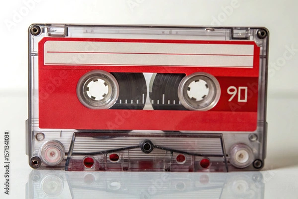 Obraz Audio cassette tape with a red label and the number 90 isolated on white background