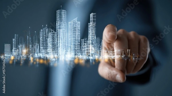 Fototapeta Businessman touching a virtual city on a digital screen with holographic buildings and skyscrapers for a real estate business plan or urban development concept.