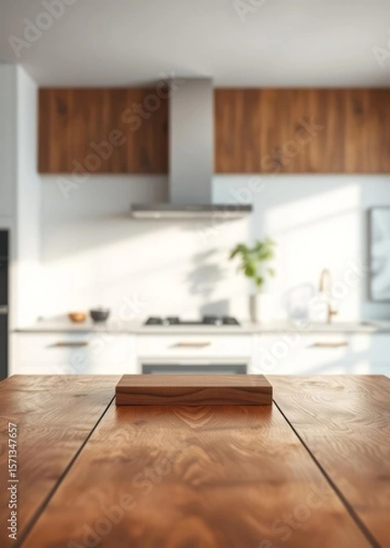 Fototapeta Copy space on a luxury white tabletop over a blurred modern white living room with large bookshelves generative ai Empty room interior design architecture blank design room