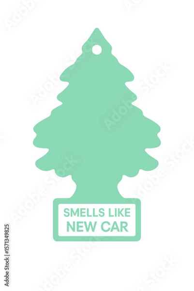 Fototapeta The classic tree air freshener announces the refreshing smell of a new car. Modern flat vector sticker label with icon and badge style, transparent background