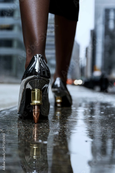 Obraz Patent Stiletto With Brass Bullet Heel Striking Rainy City Sidewalk Reflection. Bullet Heel Glam