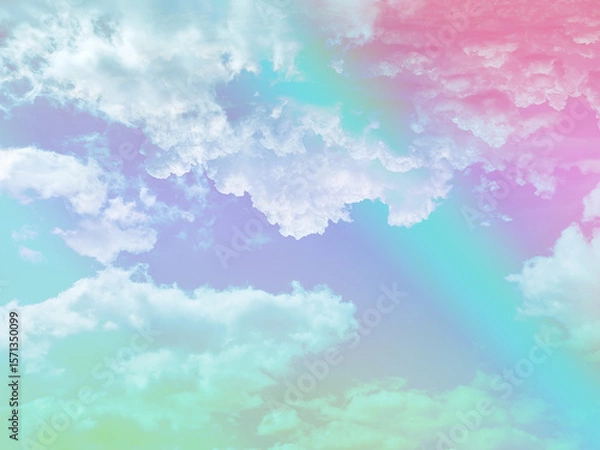Fototapeta beauty sweet pastel pink and green colorful with fluffy clouds on sky. multi color rainbow image. abstract fantasy growing light