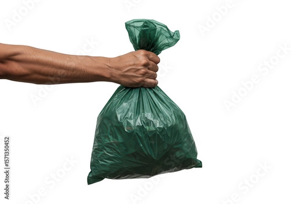 Fototapeta Hand holding a full green trash bag tied with a knot showcasing waste disposal and recycling efforts