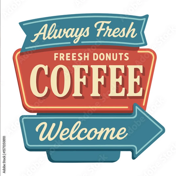 Fototapeta A vintage sign promoting fresh donuts and coffee, inviting customers to a cafe or diner. Modern flat vector sticker label with icon and badge style, transparent background