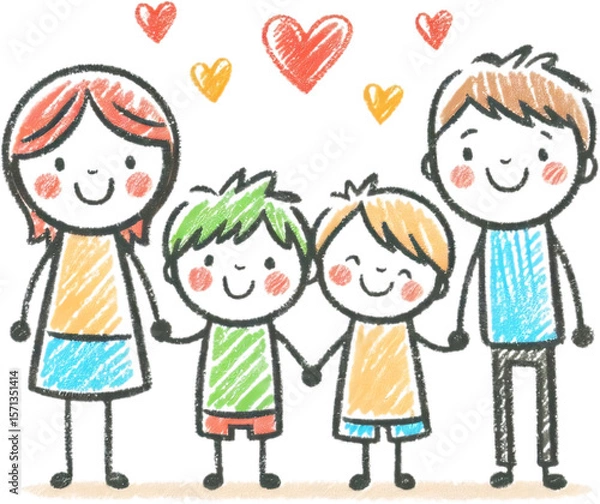 Fototapeta Young family having fun outdoors, Happy multi-generation family standing outdoors, Happy family father and mother with two children. Vector illustration. Generative ai